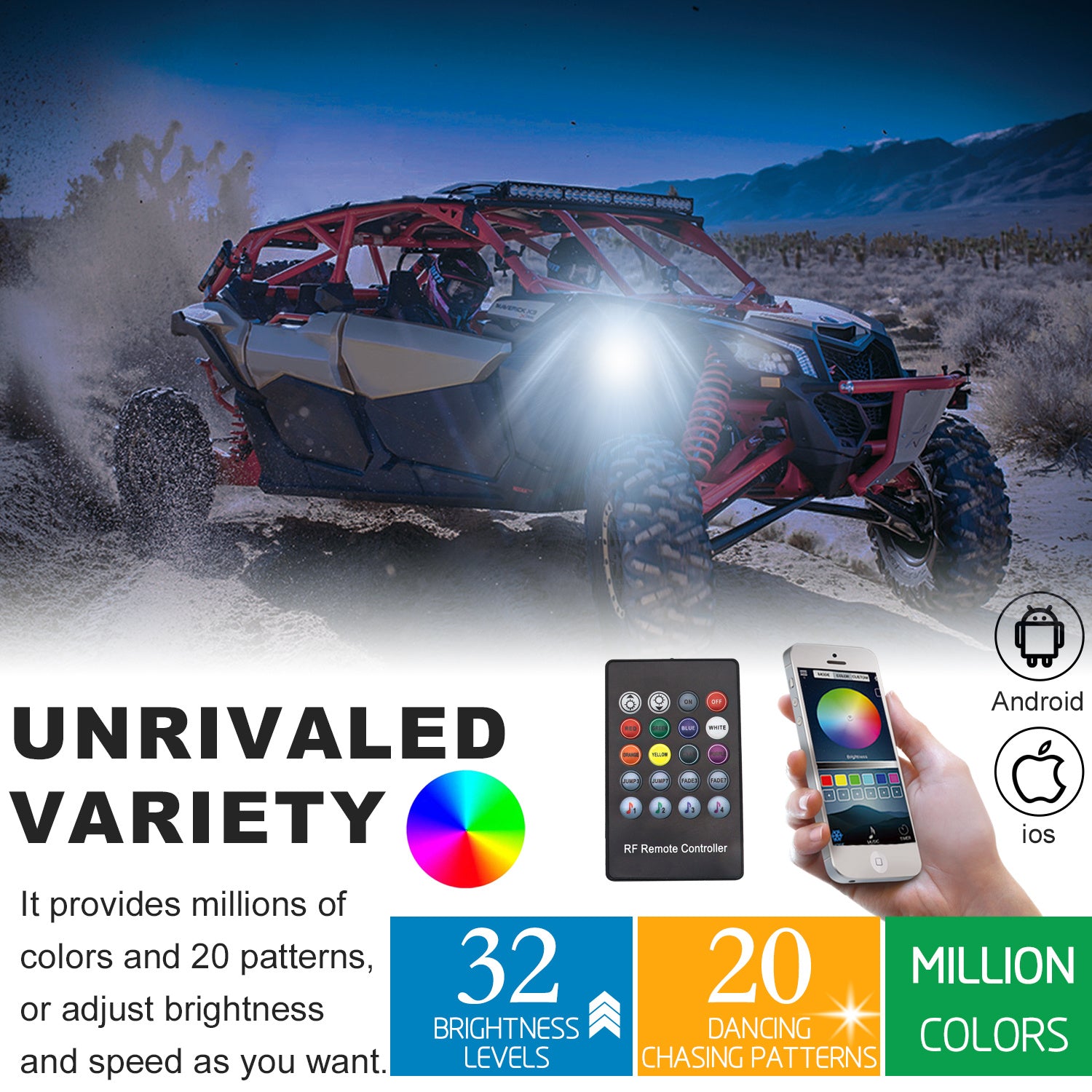 RLK8 - Waterproof Rgbw LED Rock Lights 8 Pods, Underglow Multicolor LED Light for Car Truck ATV UTV Suv Off-road Boat, Bluetooth App and Rf Remote Controller, Music Mode