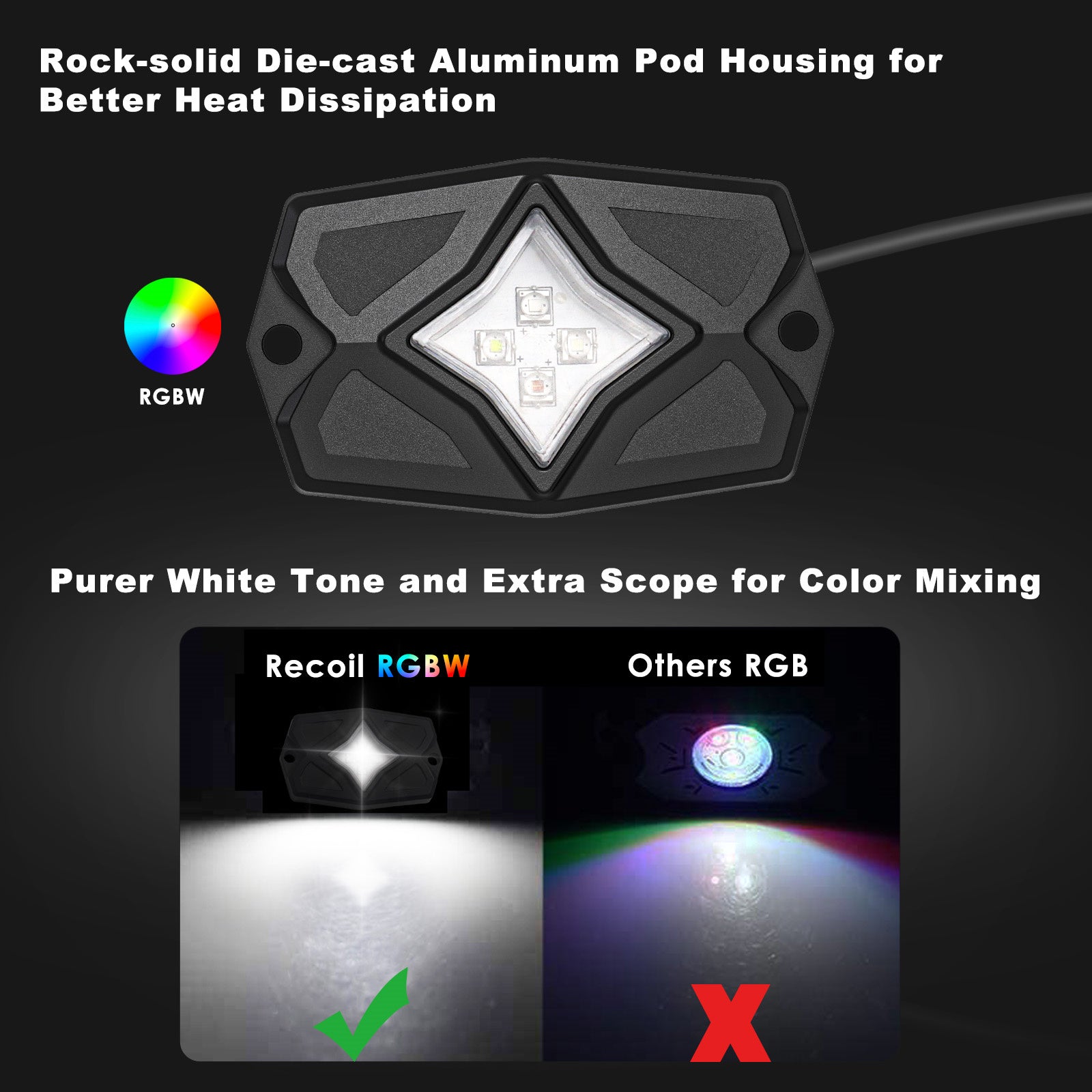 RLK8 - Waterproof Rgbw LED Rock Lights 8 Pods, Underglow Multicolor LED Light for Car Truck ATV UTV Suv Off-road Boat, Bluetooth App and Rf Remote Controller, Music Mode