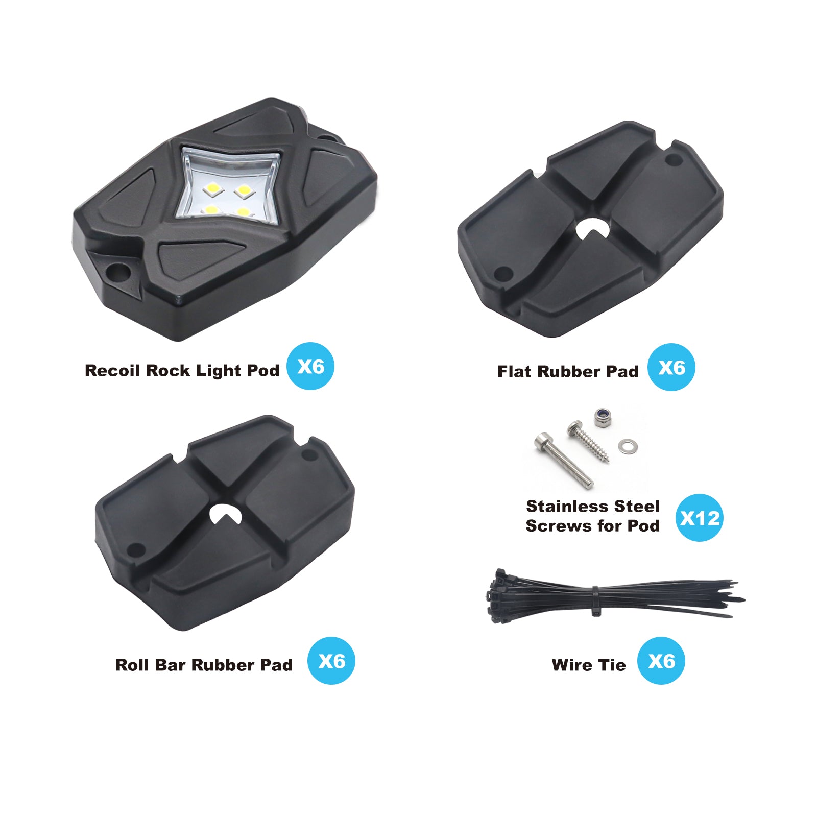 RLW-6 - IP68 Waterproof White LED Rock Lights 6 Pods, Under-glow White LED Light for Car Truck ATV UTV Suv Off-road Boat Motorcycle Vehicle, Under Body Glow Light Lamp Trail Fender Lighting