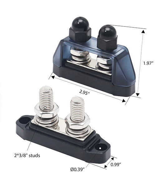 S2P-38 - Busbar Dual 3/8” Studs Terminal Power Distribution Block with Ring Terminals Pair (red & Black)