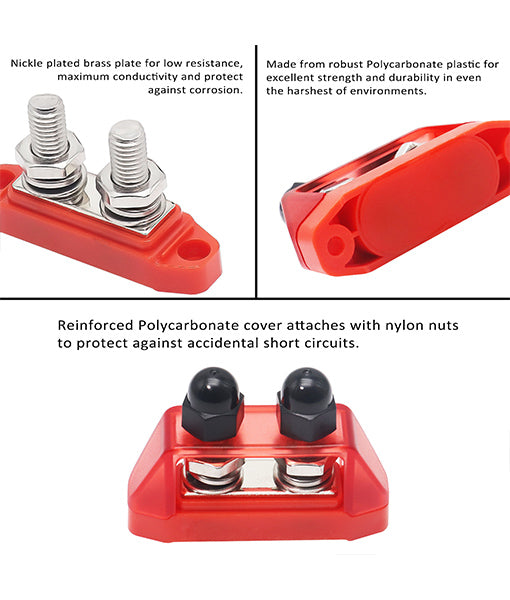 S2P-38 - Busbar Dual 3/8” Studs Terminal Power Distribution Block with Ring Terminals Pair (red & Black)