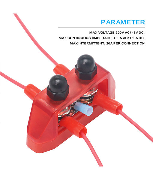 S2P-516 - Busbar Dual 5/16” Studs and #8 Screw Terminal Power Distribution Block with Ring Terminals Pair (red & Black)