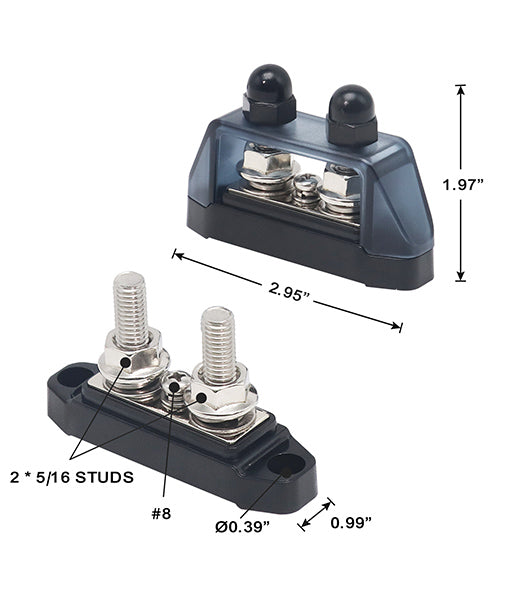 S2P-516 - Busbar Dual 5/16” Studs and #8 Screw Terminal Power Distribution Block with Ring Terminals Pair (red & Black)