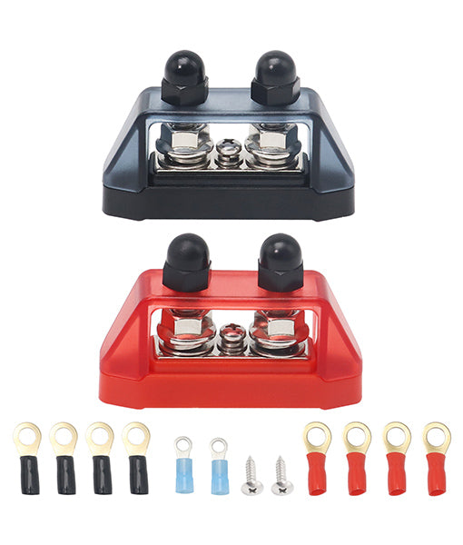 S2P-516 - Busbar Dual 5/16” Studs and #8 Screw Terminal Power Distribution Block with Ring Terminals Pair (red & Black)