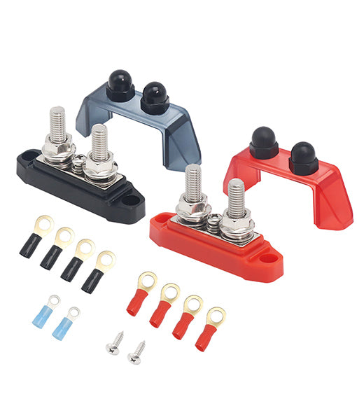 S2P-516 - Busbar Dual 5/16” Studs and #8 Screw Terminal Power Distribution Block with Ring Terminals Pair (red & Black)