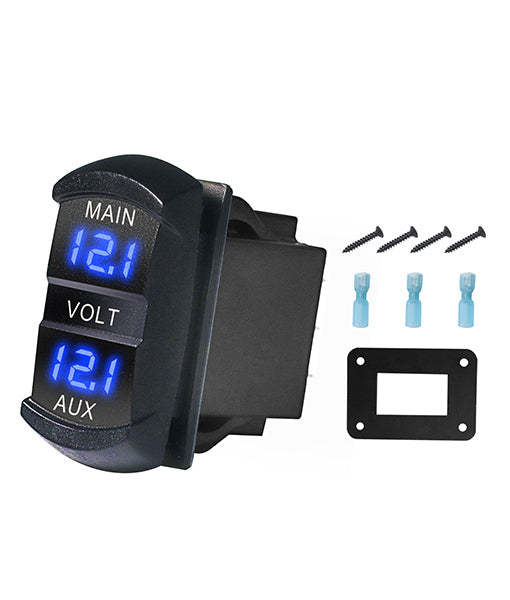 SDV-B - Snap-in Double Voltmeter, Blue LED Display, Rocker Switch Style Voltage, Monitor with Adaptor Plate for Car, RV, Truck, UTV, Boat, Dual Battery Packs