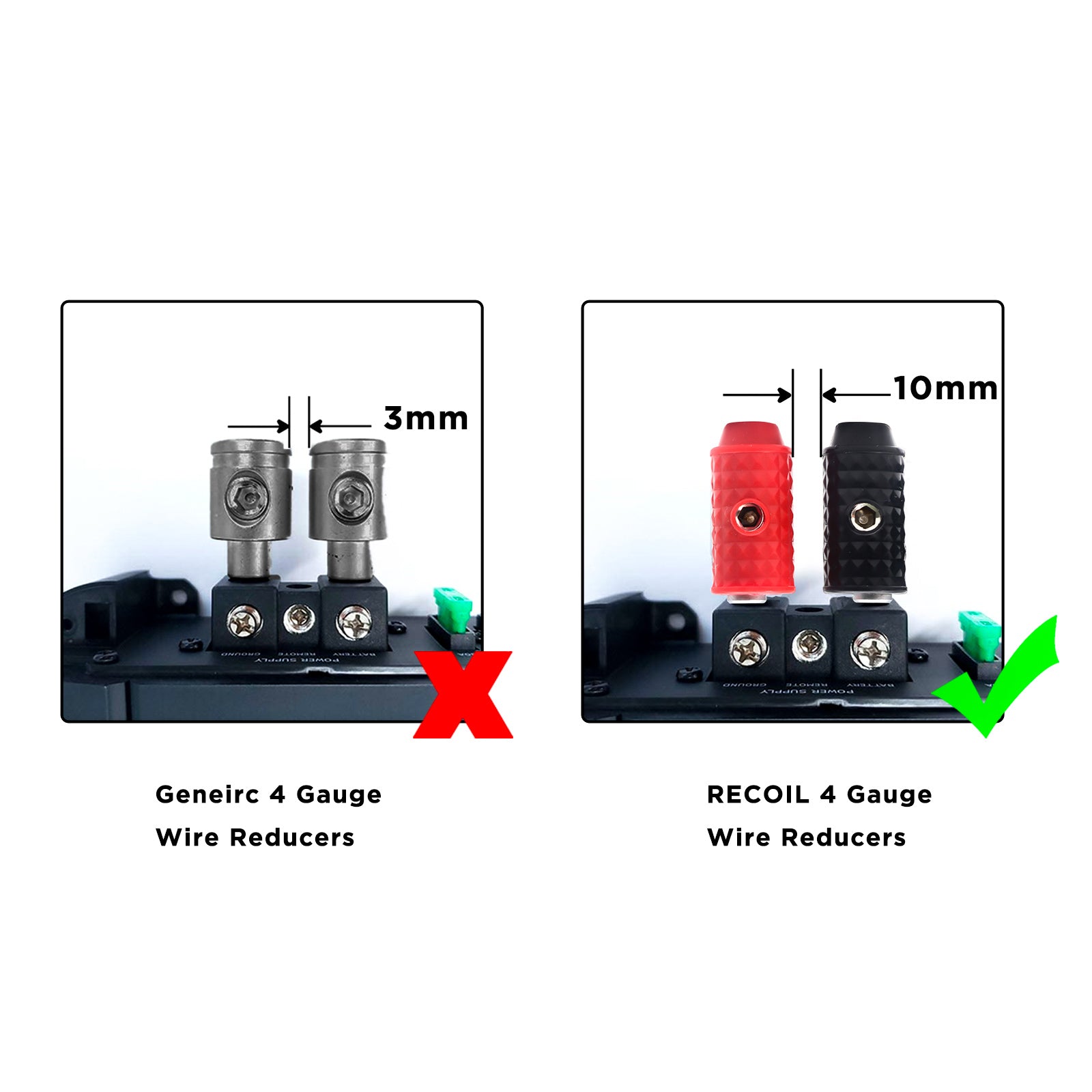 WR48P - Amplifier Power/ground Input Wire Gauge Reducer Brass 4 Gauge to 8 Gauge with Red/black Silicon Covers, Marine-grade Satin Chrome Finish, Pair